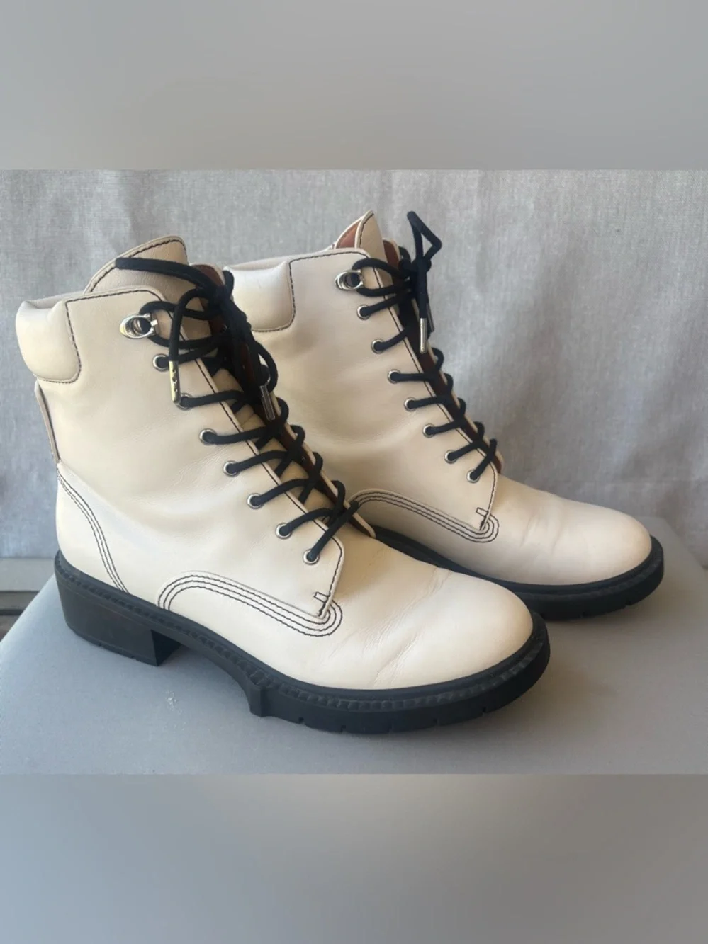 Coach White Leather Combat Boots with Black Laces - Picture 4 of 16
